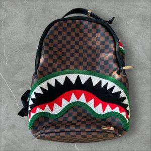 SPRAYGROUND Backpack Mens Brown Black Shark Mouth Checkered Streetwear Urban